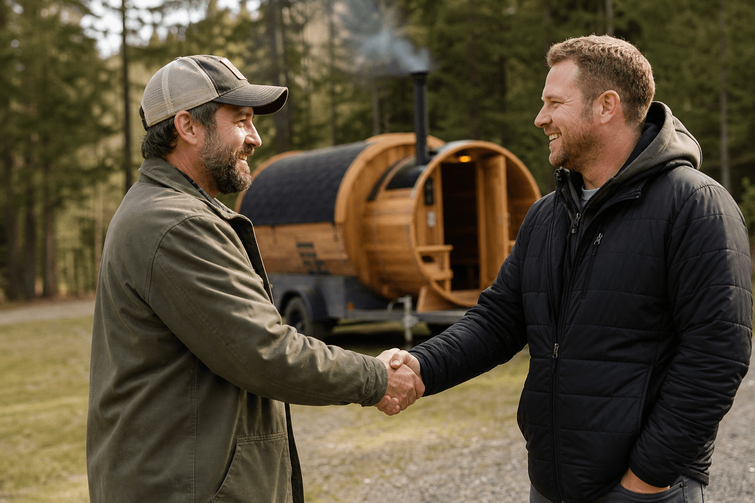 Handshake between partners with a barrel sauna on a trailer in the background